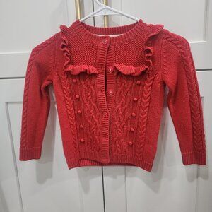 Red Cable Knit Cardigan Sweater For Girls 4-5Y By Mini Boden With Ruffle Detail